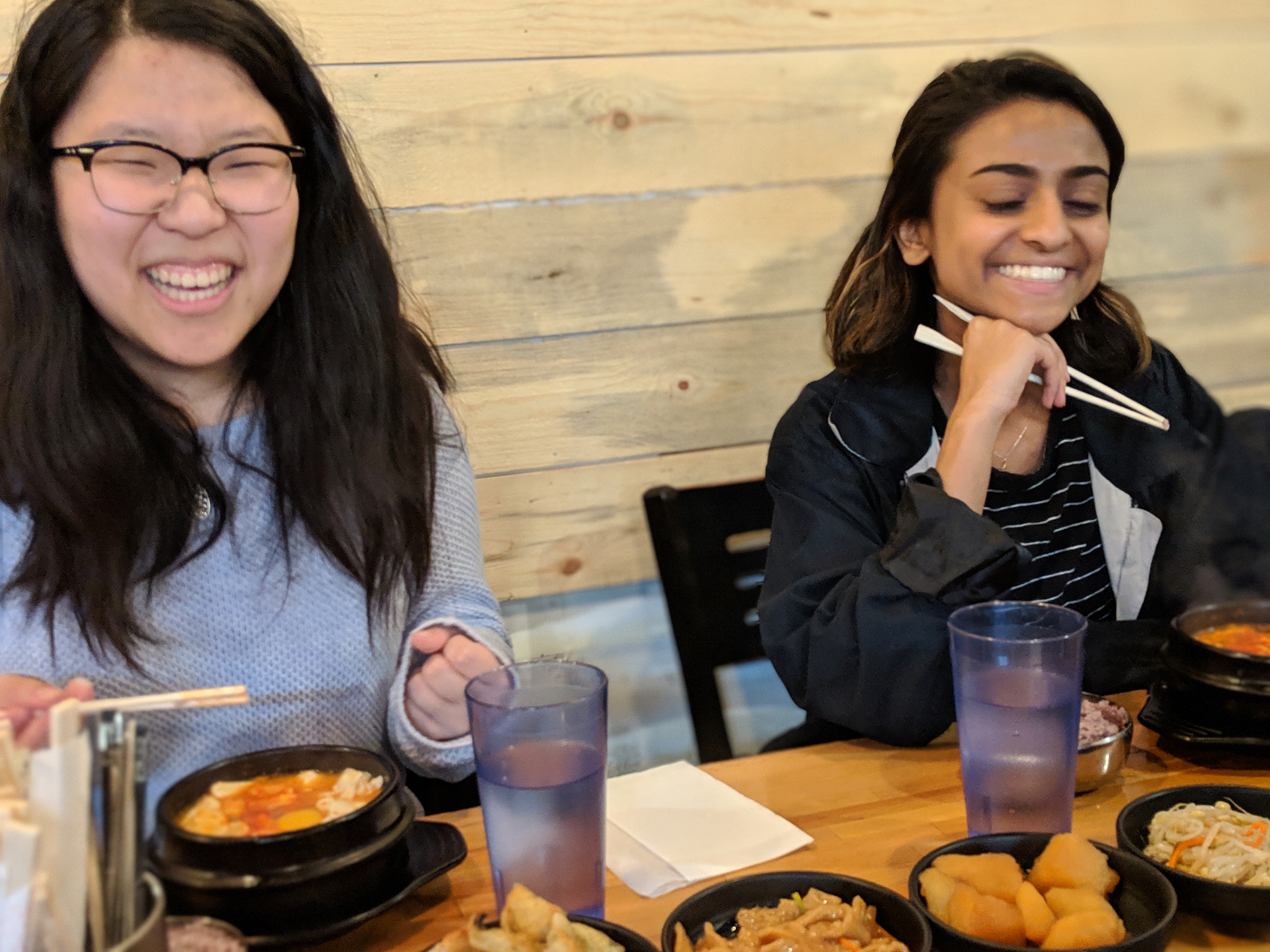 Annie and Vishaka eating at Korean Tofu House.