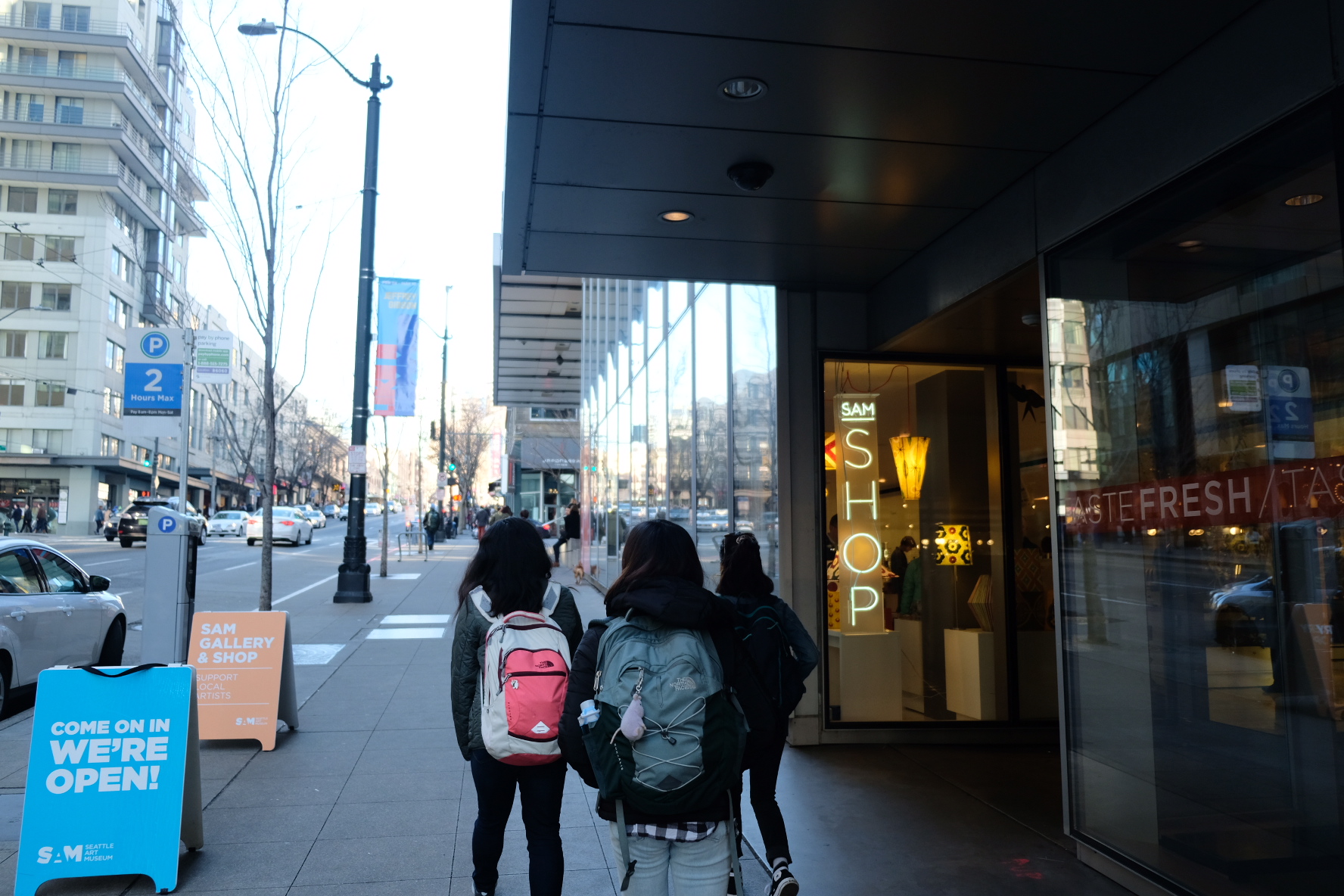 image of Alli, Annie, and Vishaka near the Seattle Art Museum